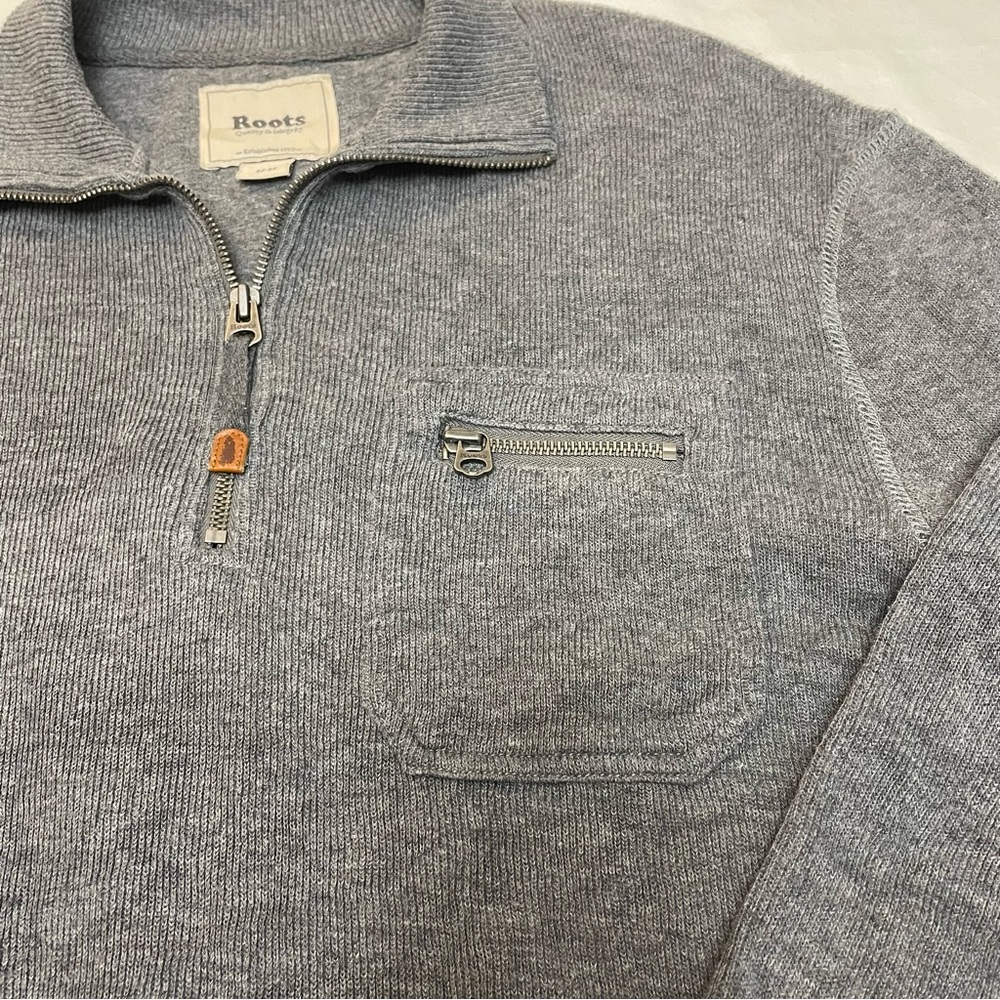 Roots Vintage Heather Grey Quarter Zip Sweater Mens Medium Cotton 80’s Look - Picture 4 of 9